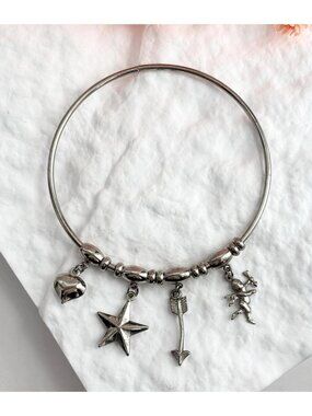 Silver Toned Multi Charmed Vintage 80's Style Bangle Bracelet